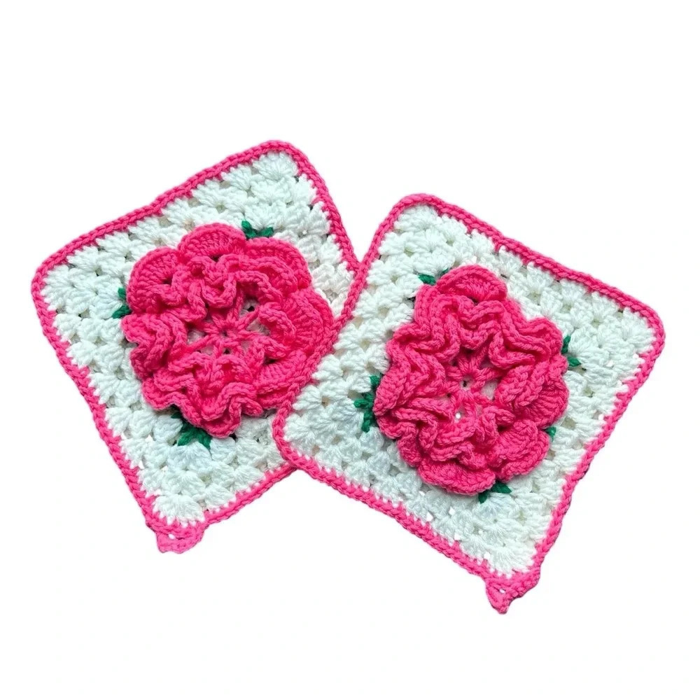 Handmade Crochet 3D Floral Squares-Set of 2 Pink